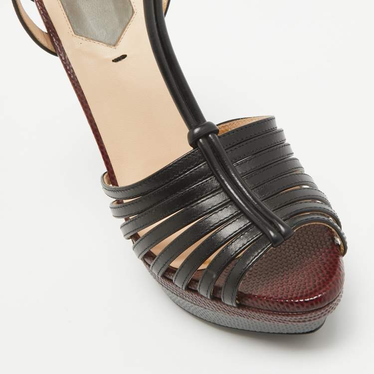 Pre Owned Fendi Black Leather T-Bar Strappy Platform Sandals Size 35
