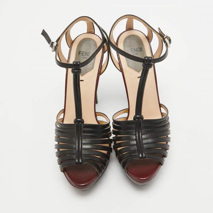 Pre Owned Fendi Black Leather T-Bar Strappy Platform Sandals Size 35