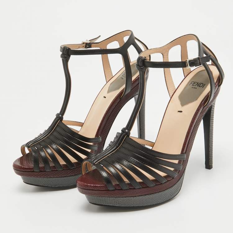 Pre Owned Fendi Black Leather T-Bar Strappy Platform Sandals Size 35