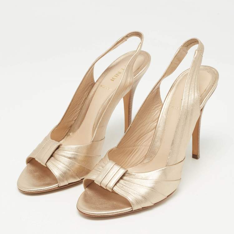 Pre Owned Fendi Gold Pleated Leather Slingback Sandals Size 39