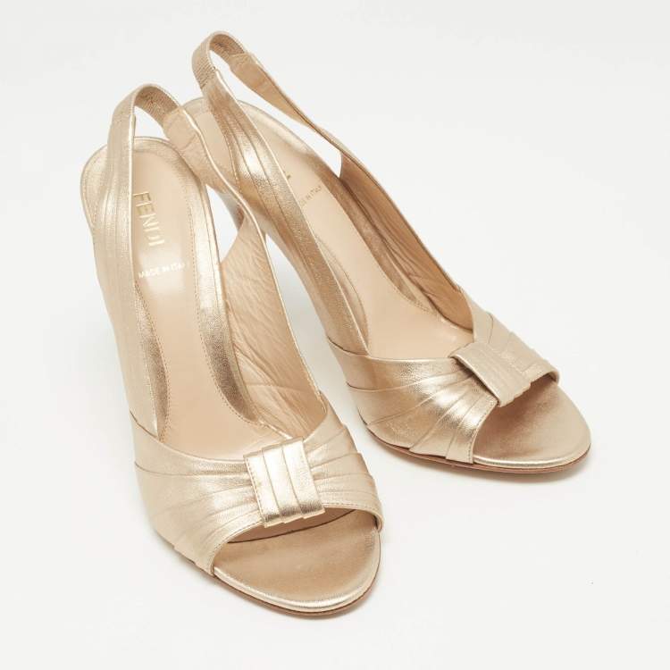 Pre Owned Fendi Gold Pleated Leather Slingback Sandals Size 39
