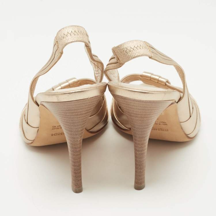 Pre Owned Fendi Gold Pleated Leather Slingback Sandals Size 39