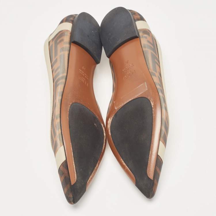 Pre Owned Fendi Brown/Beige Zucca Mesh and Leather Colibri Ballet Flats Size 39