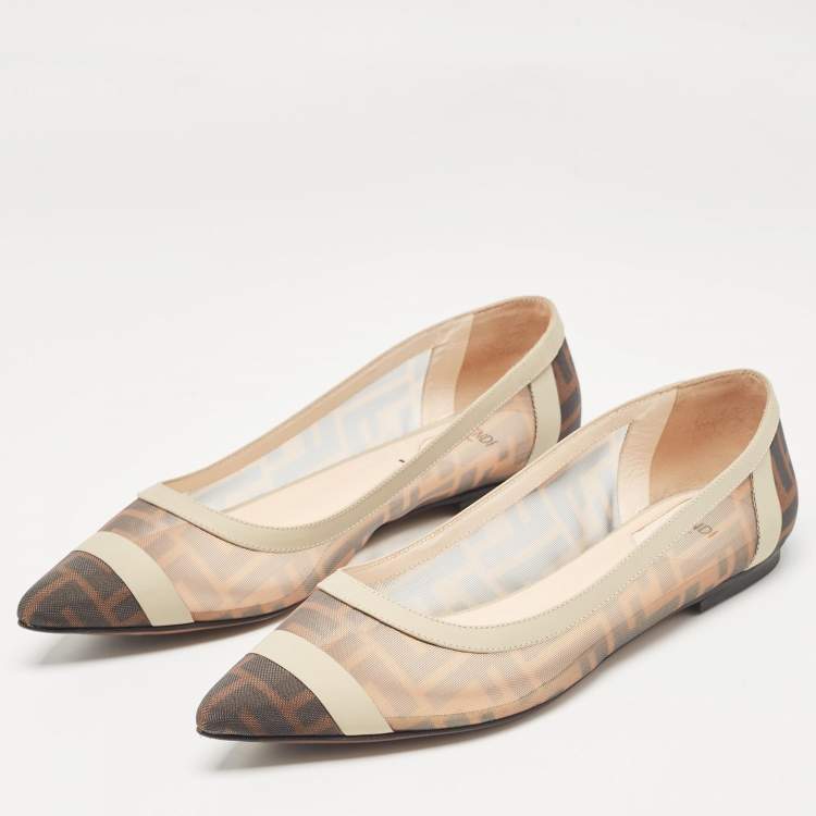 Pre Owned Fendi Brown/Beige Zucca Mesh and Leather Colibri Ballet Flats Size 39