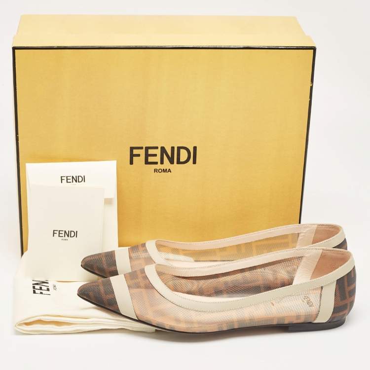 Pre Owned Fendi Brown/Beige Zucca Mesh and Leather Colibri Ballet Flats Size 39