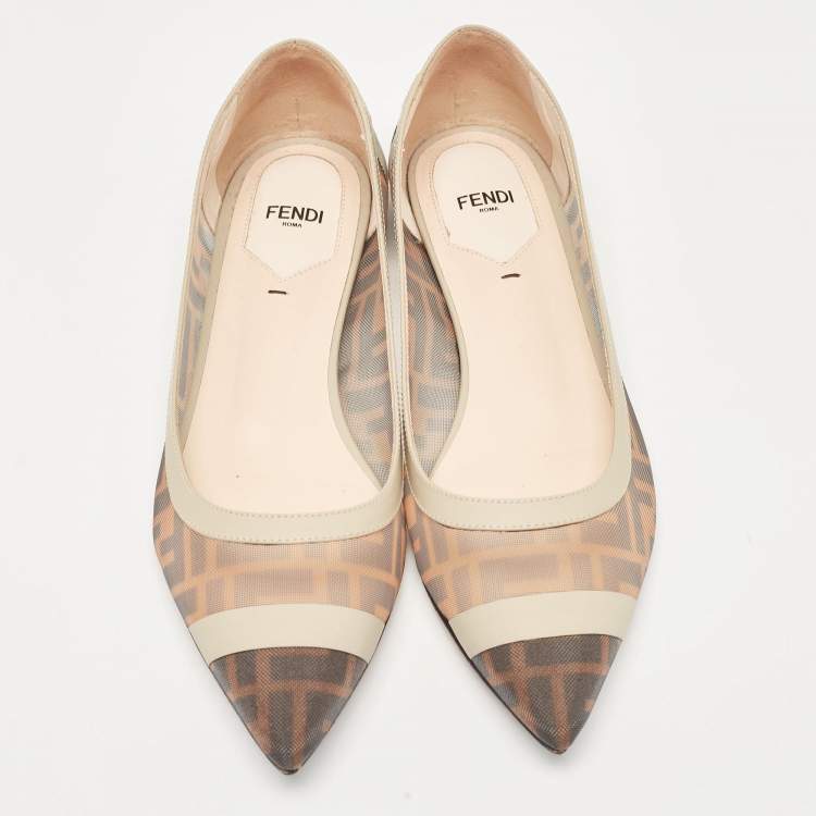 Pre Owned Fendi Brown/Beige Zucca Mesh and Leather Colibri Ballet Flats Size 39