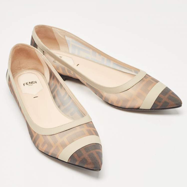 Pre Owned Fendi Brown/Beige Zucca Mesh and Leather Colibri Ballet Flats Size 39
