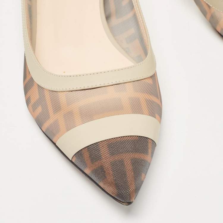 Pre Owned Fendi Brown/Beige Zucca Mesh and Leather Colibri Ballet Flats Size 39