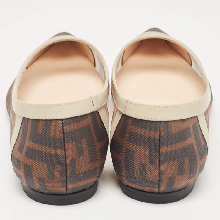 Pre Owned Fendi Brown/Beige Zucca Mesh and Leather Colibri Ballet Flats Size 39