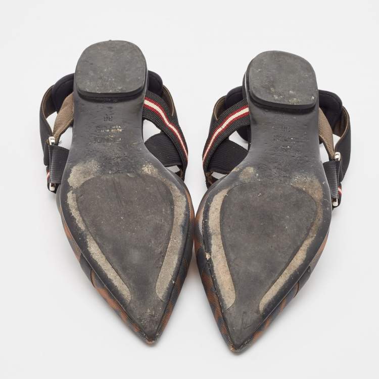 Pre Owned Fendi Brown/Black Zucca Mesh and Canvas Colibri Slingback Flat Sandals Size 36