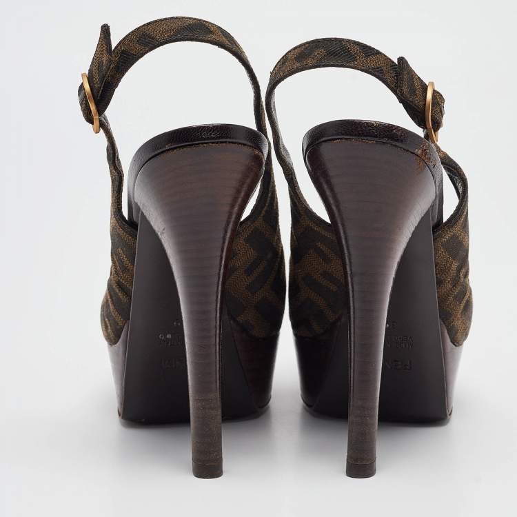 Pre Owned Fendi Brown Zucca Canvas Fendista Slingback Pumps Size 39