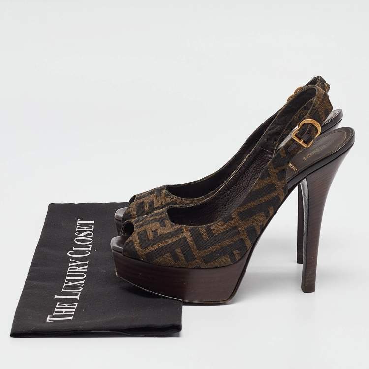 Pre Owned Fendi Brown Zucca Canvas Fendista Slingback Pumps Size 39