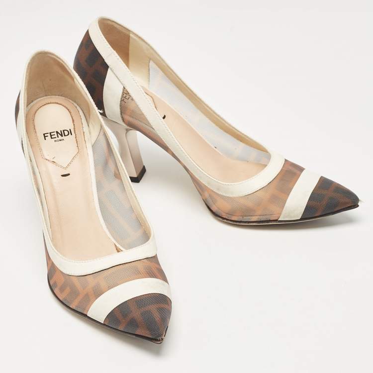 مملوكة مسبقًا Fendi Brown/White Zucca Mesh and Leather Colibri Pumps Size 35