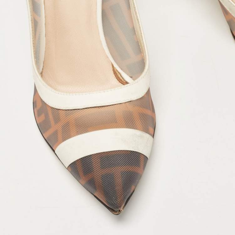 مملوكة مسبقًا Fendi Brown/White Zucca Mesh and Leather Colibri Pumps Size 35
