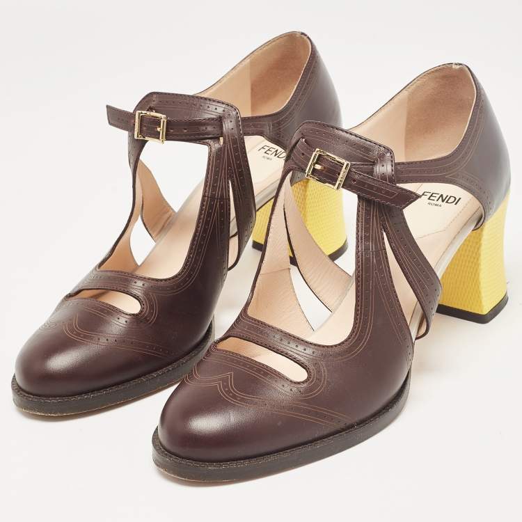 Fendi Dark Brown Leather outlet Stiletto Pumps Heels Mary Jane Buckle Strap: 39