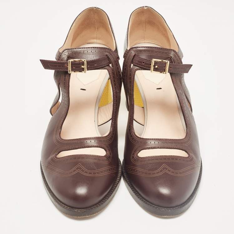Pre Owned Fendi Brown Leather Mary Jane Pumps Size 37.5