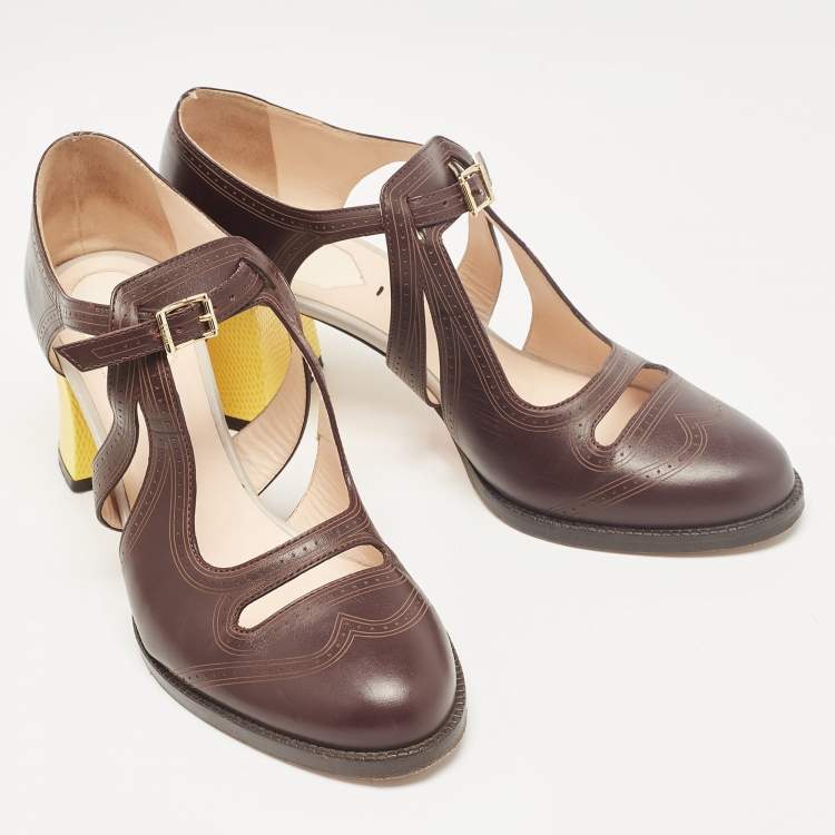 Pre Owned Fendi Brown Leather Mary Jane Pumps Size 37.5