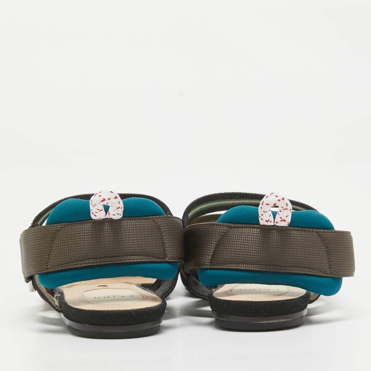 Pre Owned Fendi Multicolor Mesh and Canvas Colibri Flat Sandals Size 38