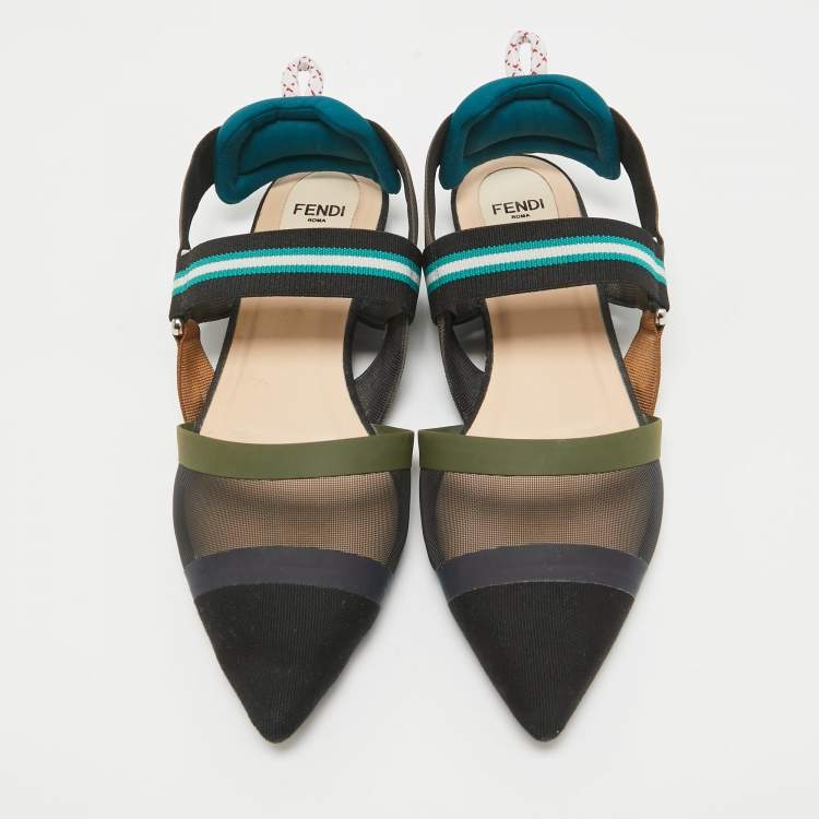Pre Owned Fendi Multicolor Mesh and Canvas Colibri Flat Sandals Size 38