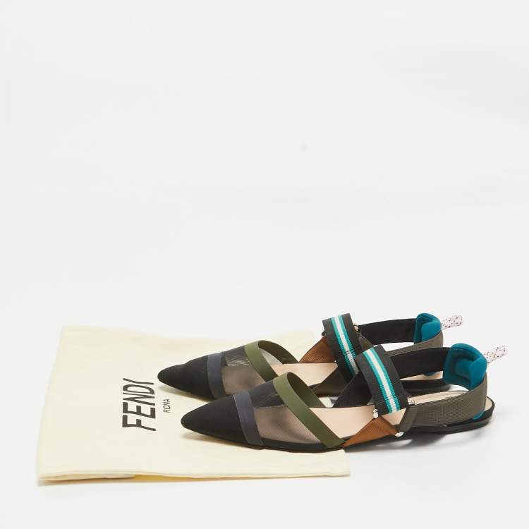 Pre Owned Fendi Multicolor Mesh and Canvas Colibri Flat Sandals Size 38