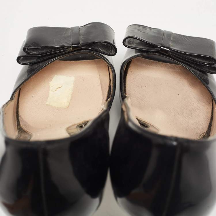 Pre Owned Fendi Black Patent Leather Bow Peep Toe Platform Pumps Size 38
