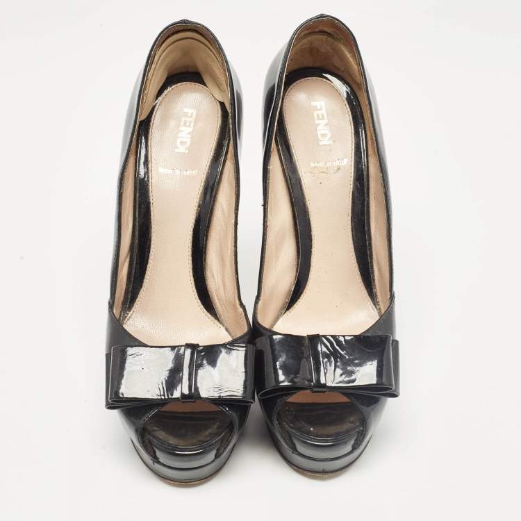 Pre Owned Fendi Black Patent Leather Bow Peep Toe Platform Pumps Size 38