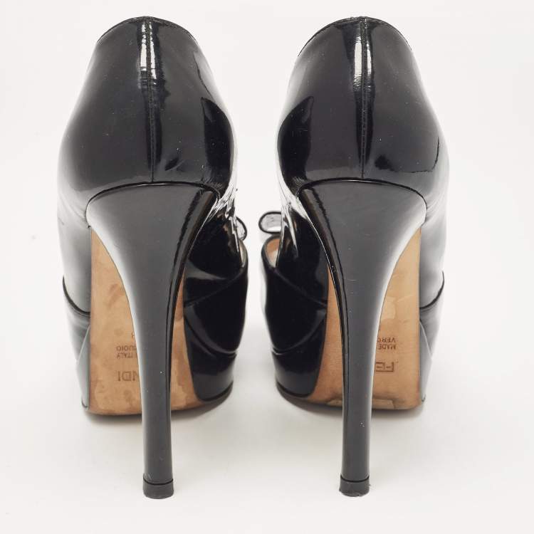 Pre Owned Fendi Black Patent Leather Bow Peep Toe Platform Pumps Size 38