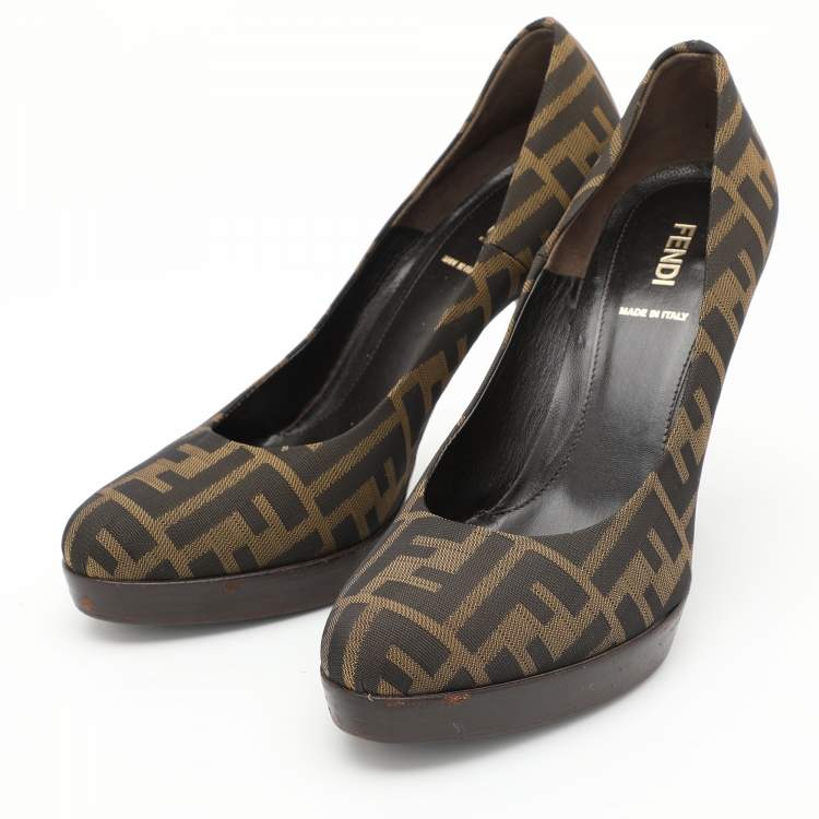 Pre Owned Fendi Brown FF Zucca Canvas Pumps Size 38