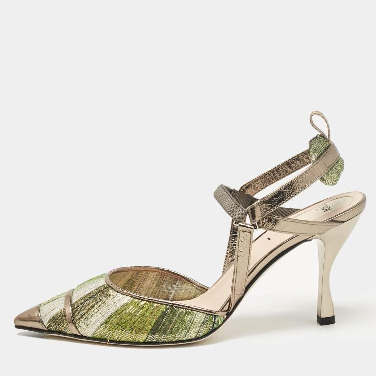 Pre Owned Fendi Multicolor Fabric and Leather Slingback Pumps Size 37.5