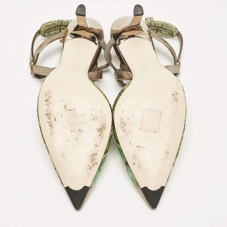 Pre Owned Fendi Multicolor Fabric and Leather Slingback Pumps Size 37.5