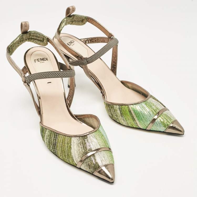 Pre Owned Fendi Multicolor Fabric and Leather Slingback Pumps Size 37.5