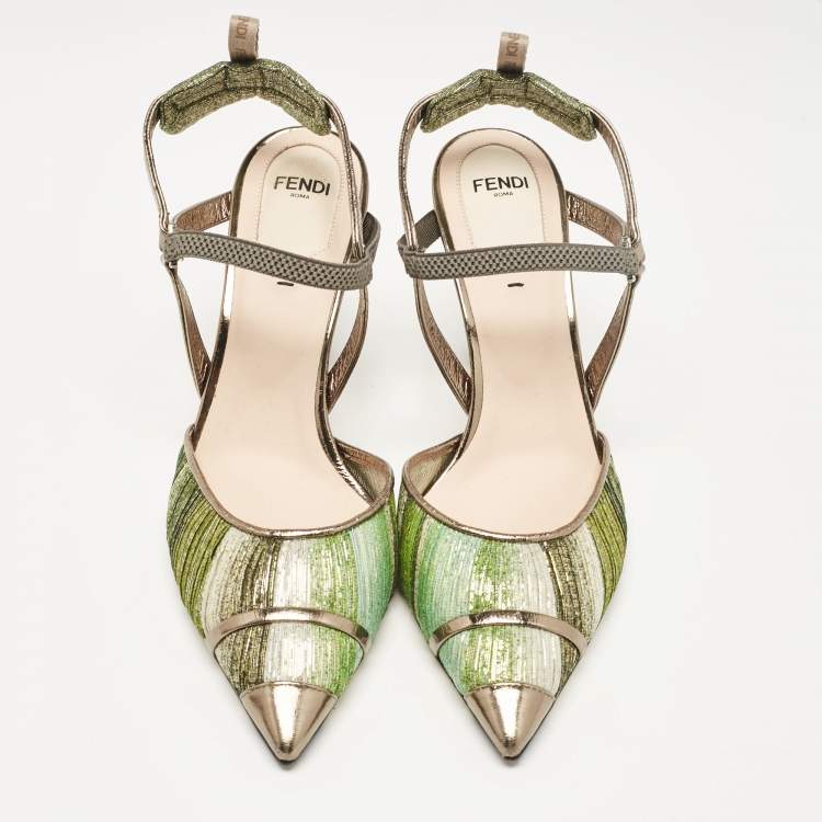 Pre Owned Fendi Multicolor Fabric and Leather Slingback Pumps Size 37.5