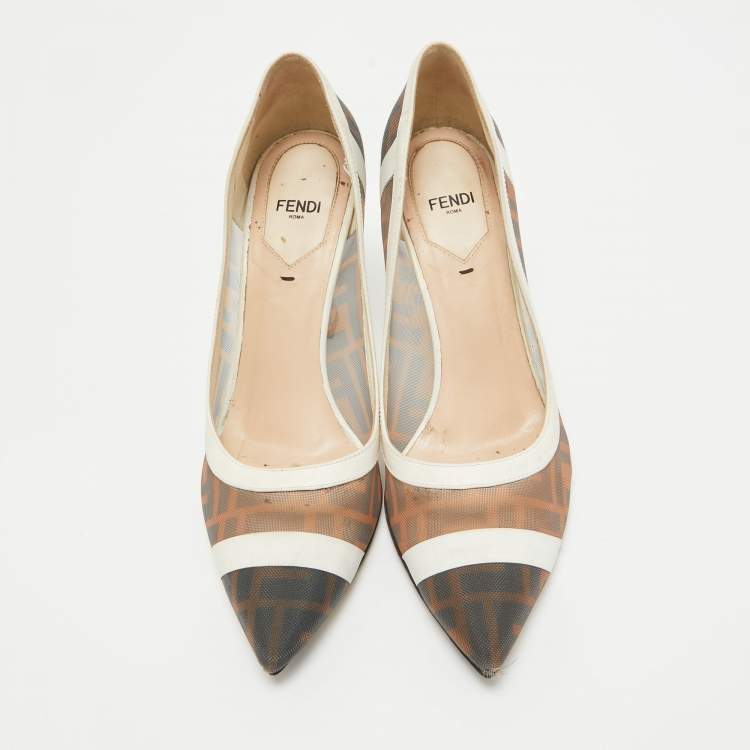 Pre Owned Fendi Brown/Cream Mesh and Leather Colibri Pumps Size 38
