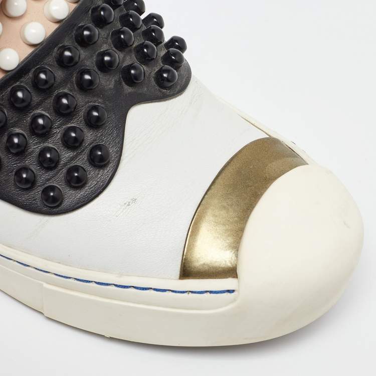 Pre Owned Fendi White/Black Leather Studded Karlito Slip On Sneakers Size 38