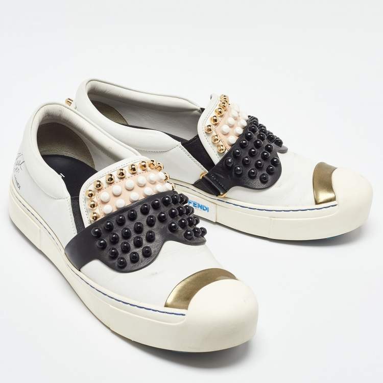 Pre Owned Fendi White/Black Leather Studded Karlito Slip On Sneakers Size 38