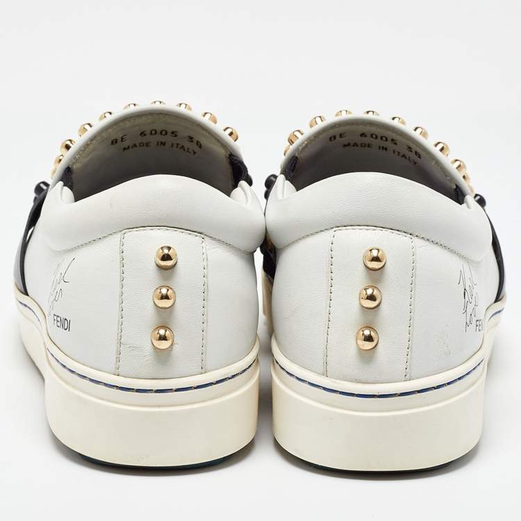 Pre Owned Fendi White/Black Leather Studded Karlito Slip On Sneakers Size 38
