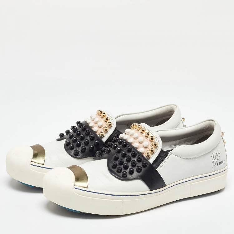 Pre Owned Fendi White/Black Leather Studded Karlito Slip On Sneakers Size 38