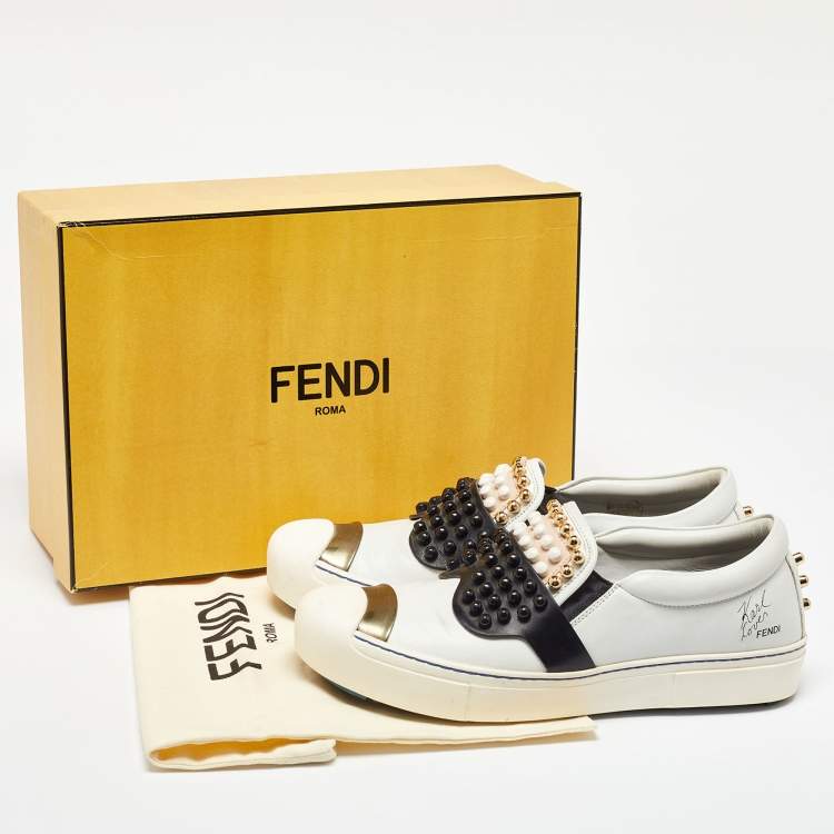 Pre Owned Fendi White/Black Leather Studded Karlito Slip On Sneakers Size 38