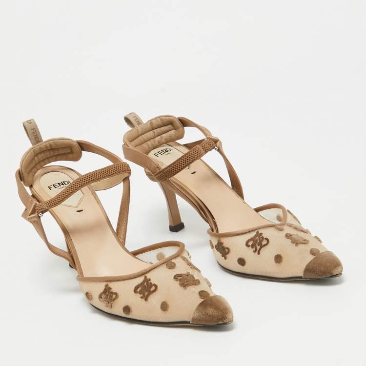 Pre Owned Fendi Beige Mesh and  Satin Colibri Pumps Size 37.5