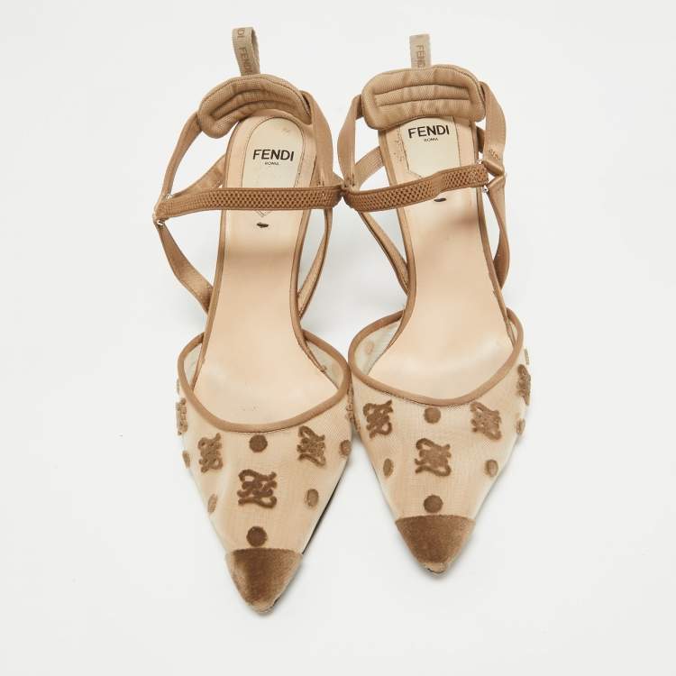Pre Owned Fendi Beige Mesh and  Satin Colibri Pumps Size 37.5