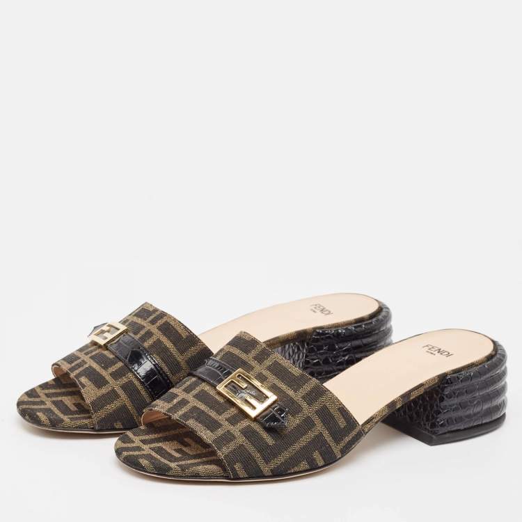 Pre Owned Fendi Green Canvas and Croc Embossed Leather Slide Sandals Size 39