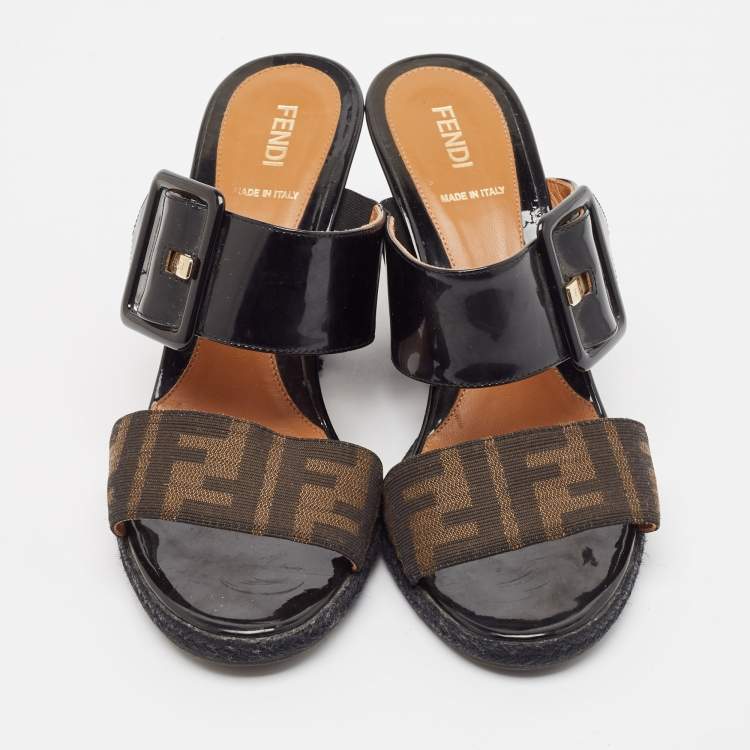 Pre Owned Fendi Brown/Black Zucca Canvas and Patent Leather Wedge Sandals Size 39