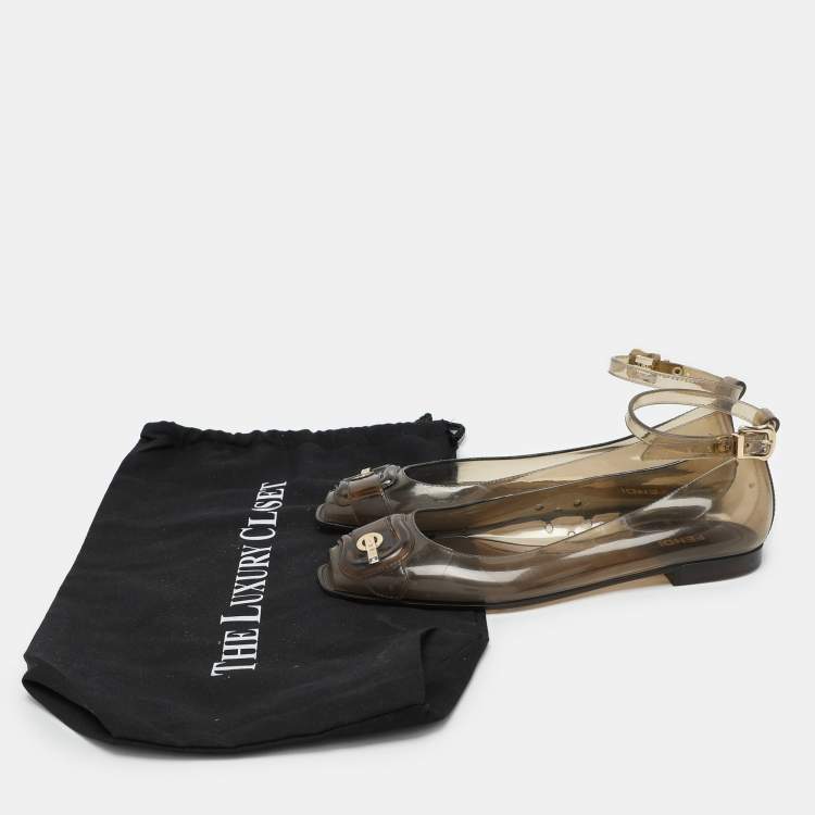 Pre Owned Fendi Transparent Jelly Peep Toe Ankle Strap Ballet Flats Size 38