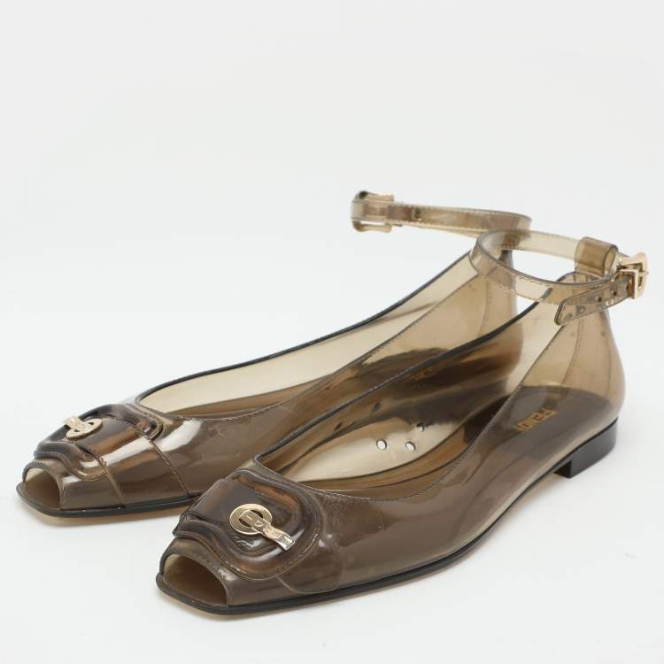 Pre Owned Fendi Transparent Jelly Peep Toe Ankle Strap Ballet Flats Size 38