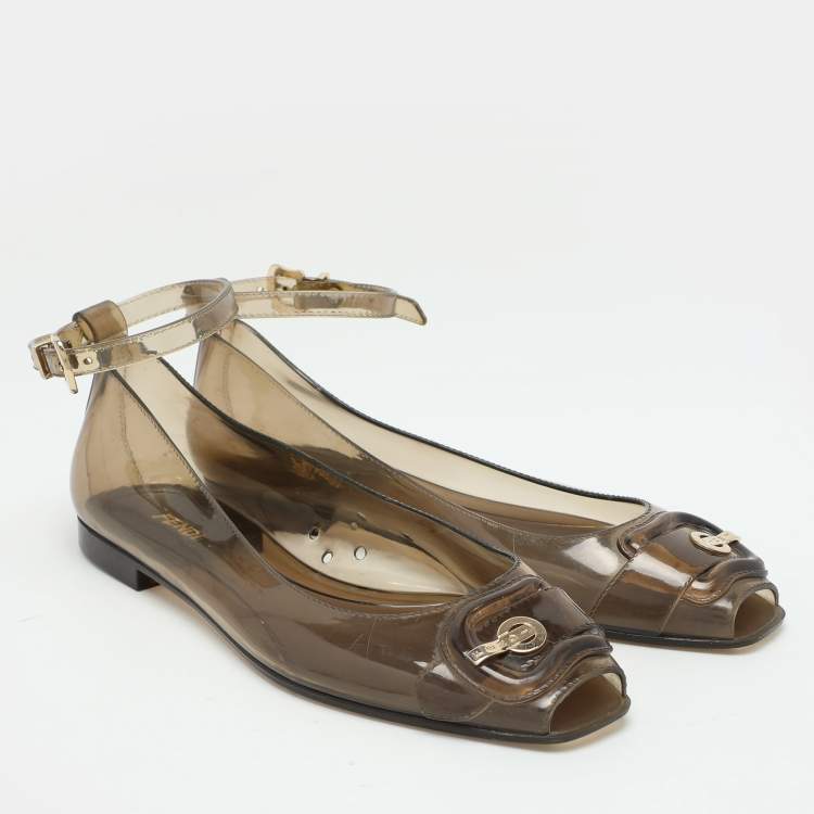 Pre Owned Fendi Transparent Jelly Peep Toe Ankle Strap Ballet Flats Size 38