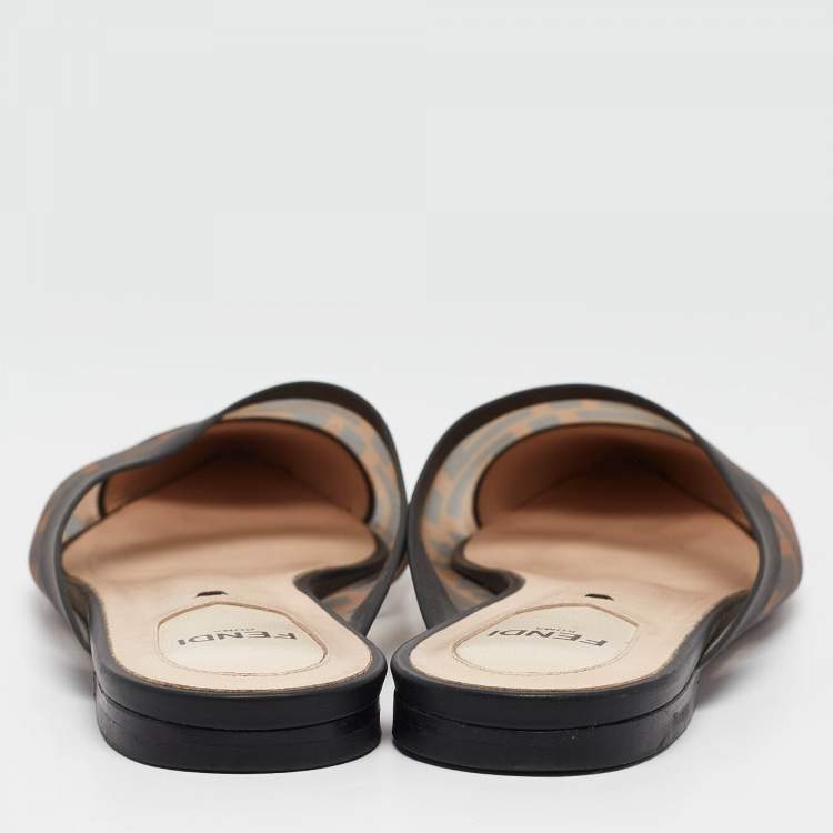 Pre Owned Fendi Beige/Black Mesh and Leather Colibri Slide Flats Size 36