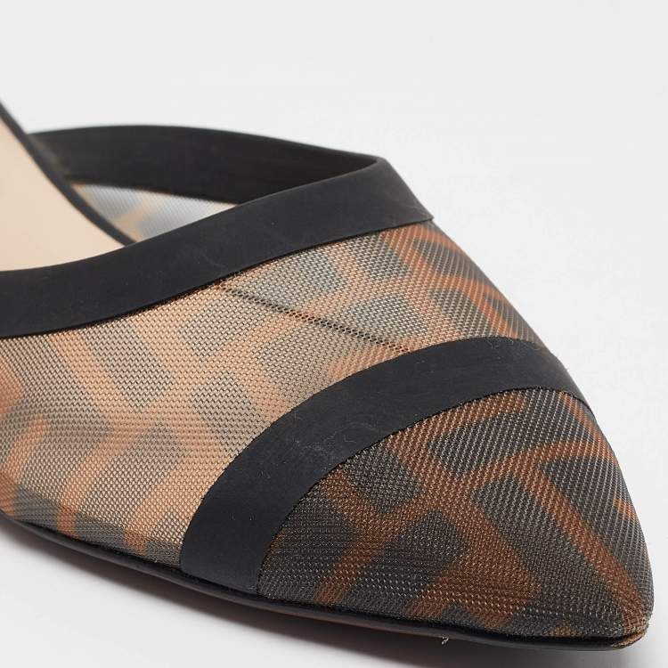 Pre Owned Fendi Beige/Black Mesh and Leather Colibri Slide Flats Size 36