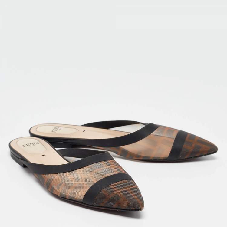 Pre Owned Fendi Beige/Black Mesh and Leather Colibri Slide Flats Size 36