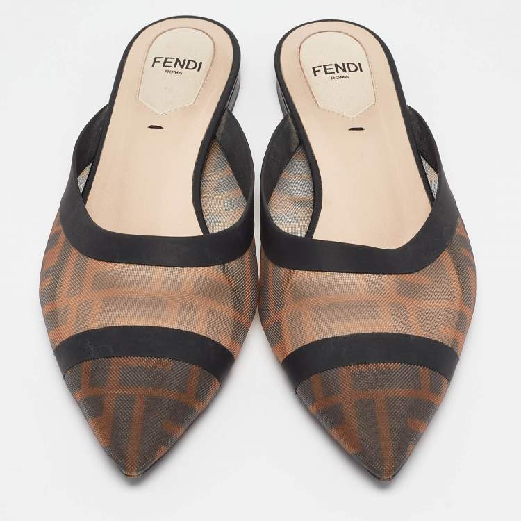 Pre Owned Fendi Beige/Black Mesh and Leather Colibri Slide Flats Size 36