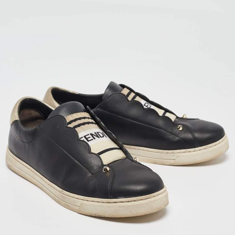 Pre Owned Fendi Black Leather Rockoclick Slip On Sneakers Size 39